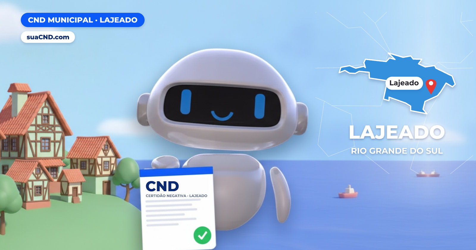 Mascote da suaCND segurando a CND Municipal de Lajeado, com o mapa de Lajeado e Parque Histórico Municipal de Lajeado, com as casas enxaimel da colonização alemã ao fundo