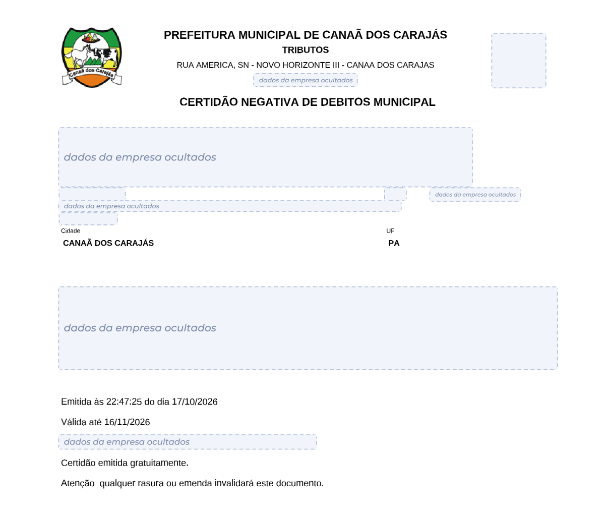 Modelo de Certidão Negativa de Débitos da Prefeitura de Canaã dos Carajás, com os dados da empresa ocultados