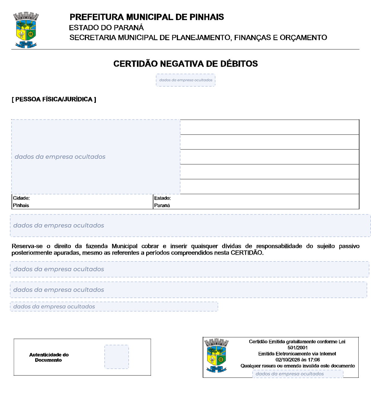 Modelo de Certidão Negativa de Débitos da Prefeitura de Pinhais, com os dados da empresa ocultados