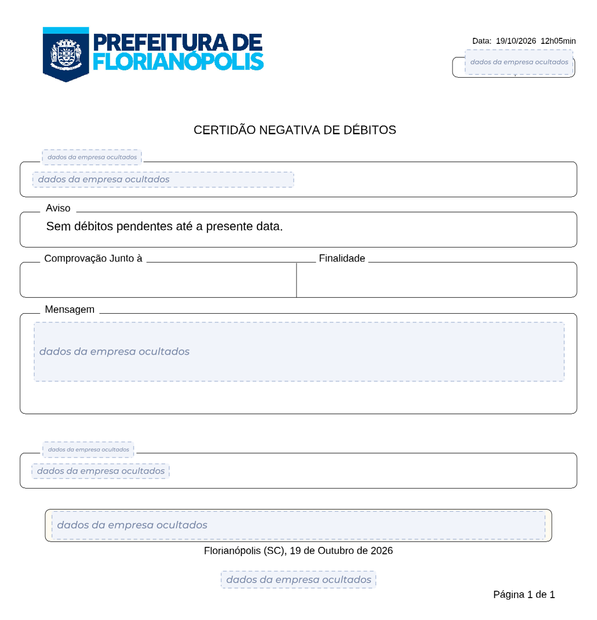 Modelo de Certidão Negativa de Débitos da Prefeitura de Florianópolis, com os dados da empresa ocultados