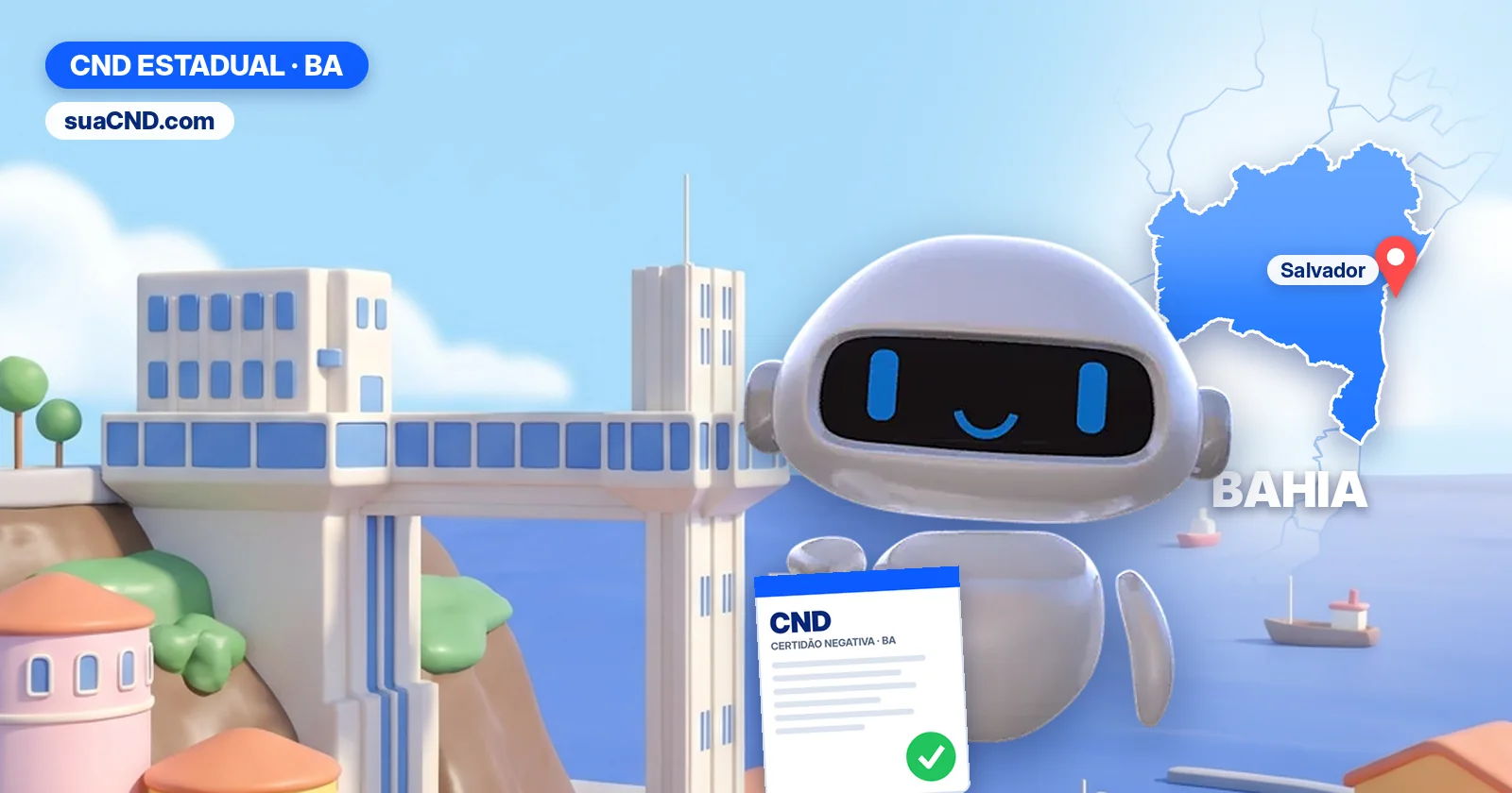 Mascote da suaCND segurando a CND estadual da Bahia, com o mapa da Bahia e o Elevador Lacerda ao fundo