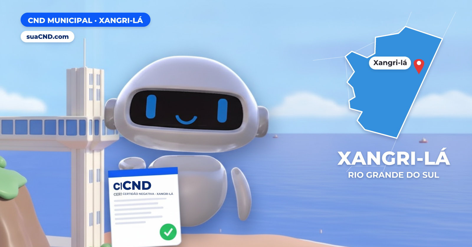 Mascote da suaCND segurando a CND Municipal de Xangri-lá, com o mapa de Xangri-lá e Praia de Xangri-lá, no litoral norte gaúcho ao fundo