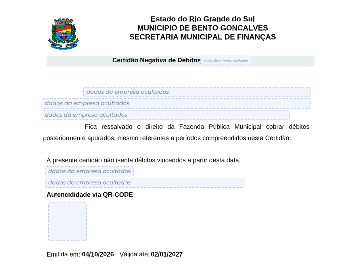 Modelo de Certidão Negativa de Débitos da Prefeitura de Bento Gonçalves, com os dados da empresa ocultados