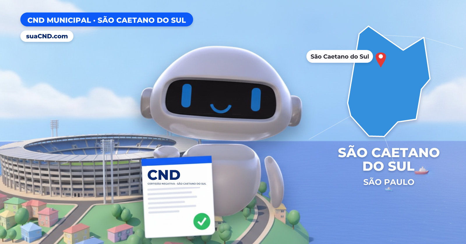 Mascote da suaCND segurando a CND Municipal de São Caetano do Sul, com o mapa de São Caetano do Sul e Estádio Municipal Anacleto Campanella, em São Caetano do Sul ao fundo