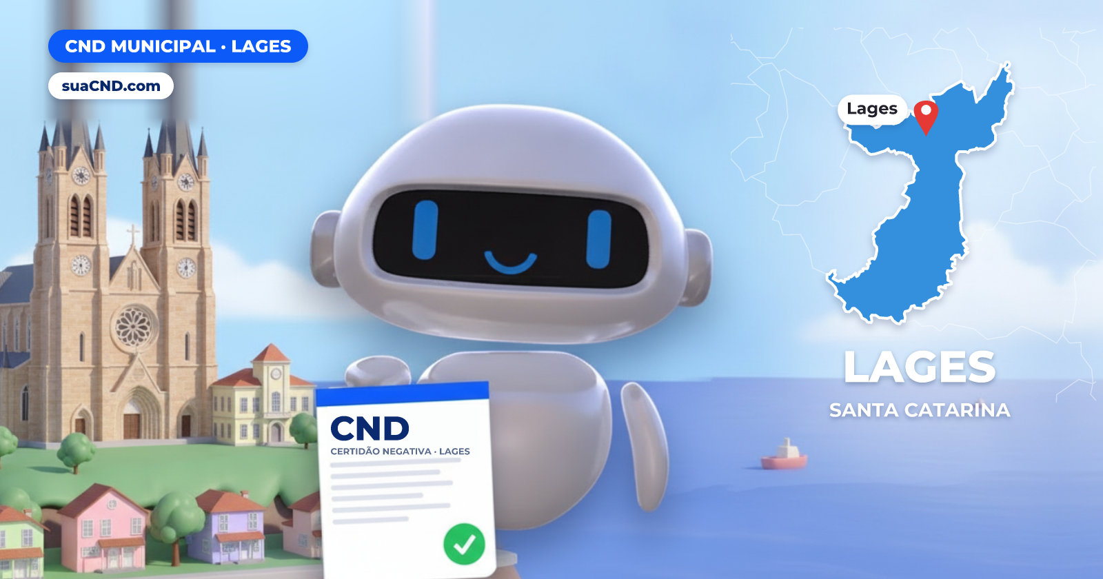 Mascote da suaCND segurando a CND Municipal de Lages, com o mapa de Lages e Catedral Diocesana Nossa Senhora dos Prazeres, em Lages ao fundo