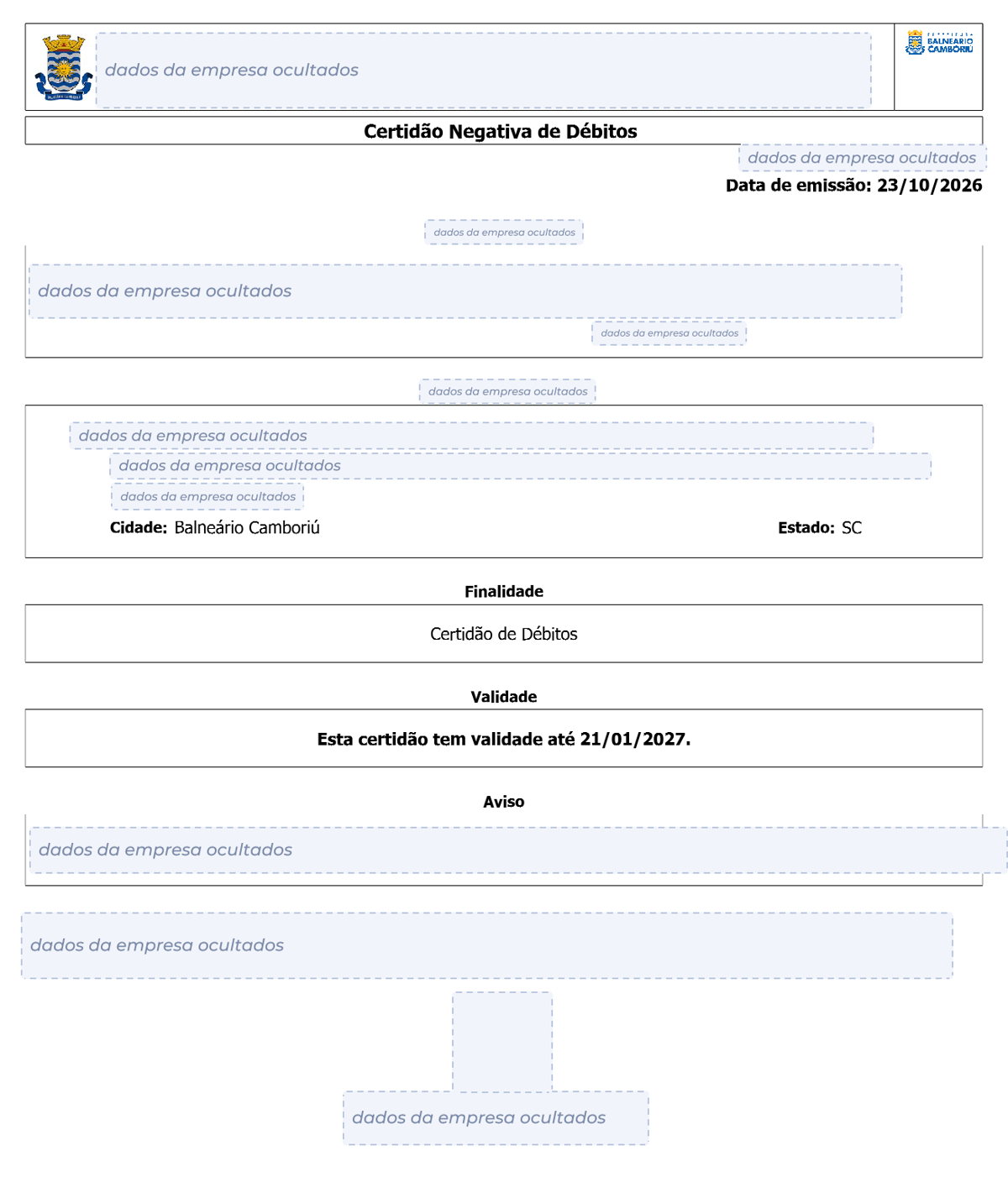 Modelo de Certidão Negativa de Débitos da Prefeitura de Balneário Camboriú, com os dados da empresa ocultados
