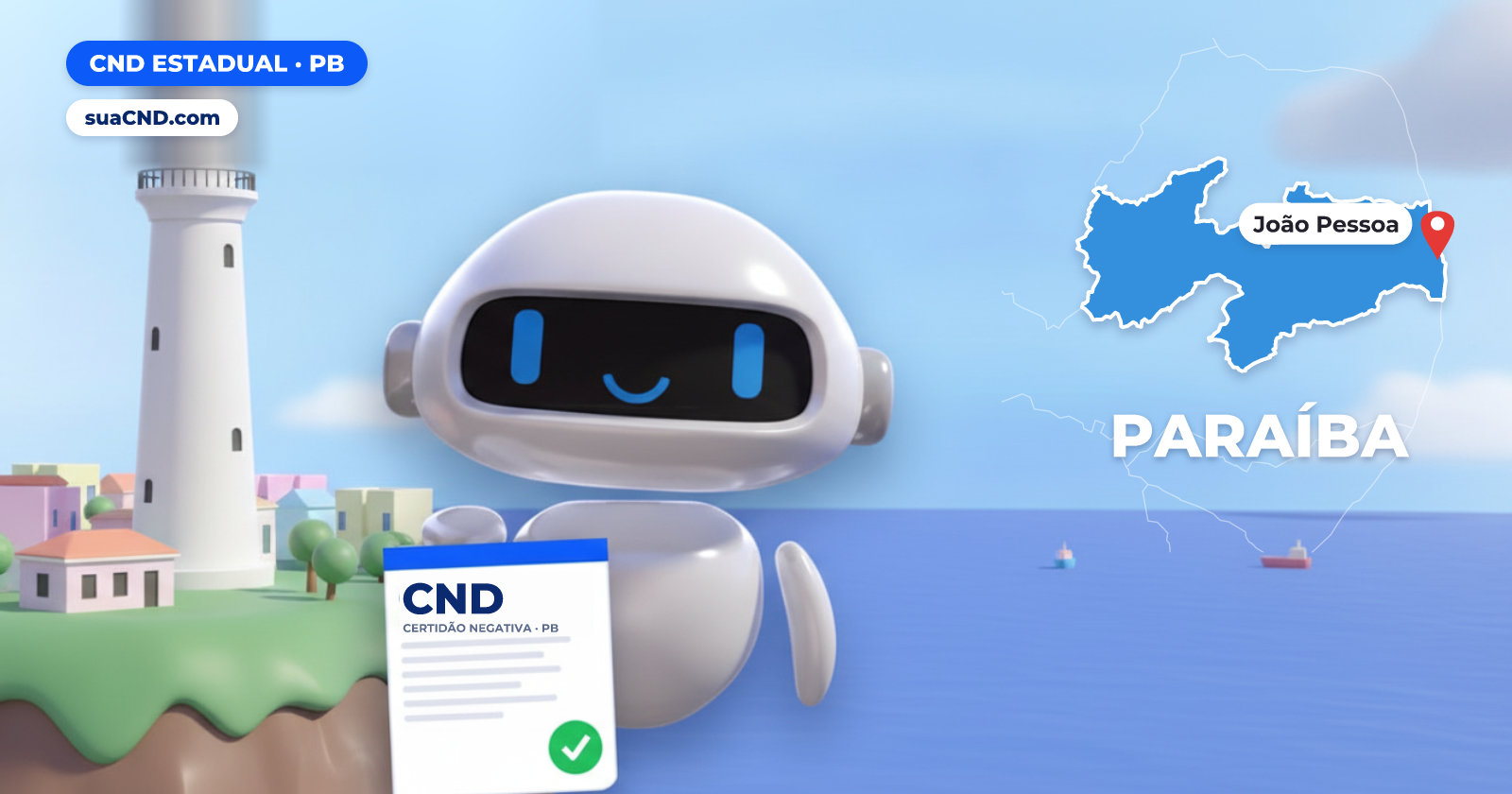 Mascote da suaCND segurando a CND Estadual, com o mapa da Paraíba e Farol do Cabo Branco, em João Pessoa ao fundo