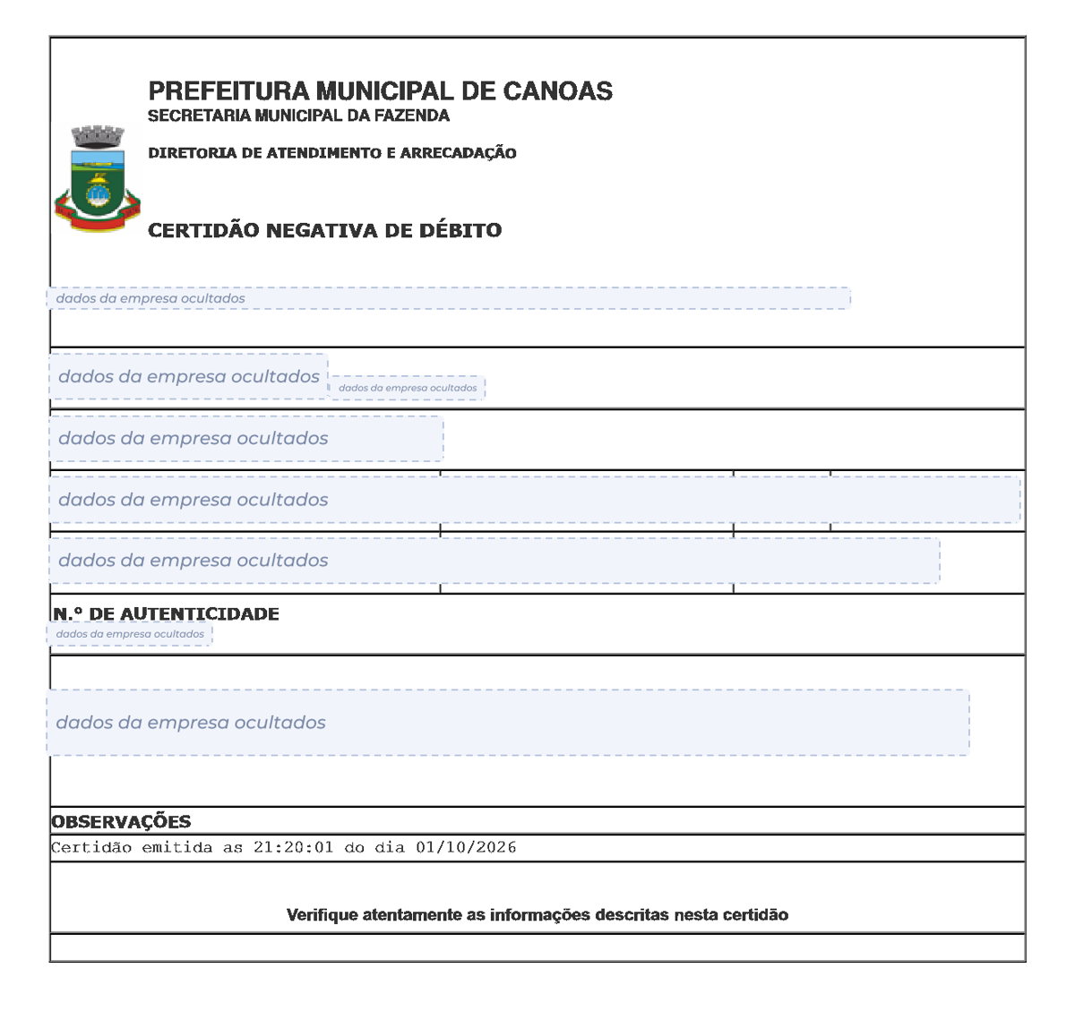Modelo de Certidão Negativa de Débitos da Prefeitura de Canoas, com os dados da empresa ocultados